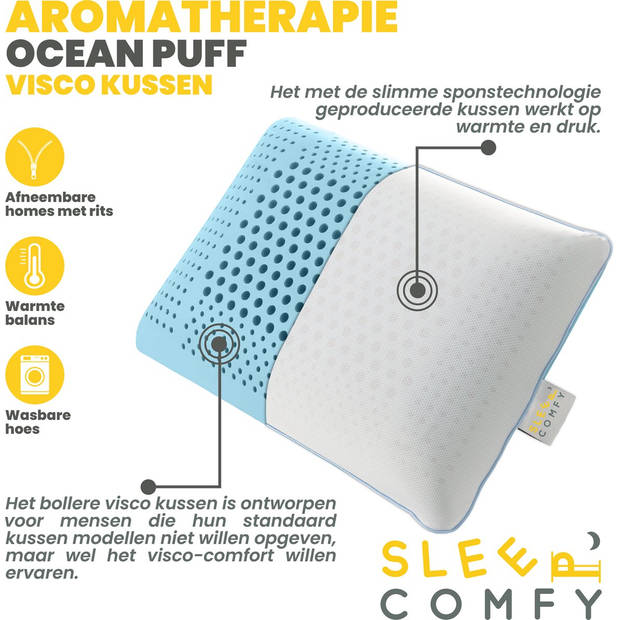 Sleep Comfy - Aromatherapie Serie Ocean Puff - Traagschuim Hoofdkussen - Met Ocean Puff Kussenspray 60x40x16 cm