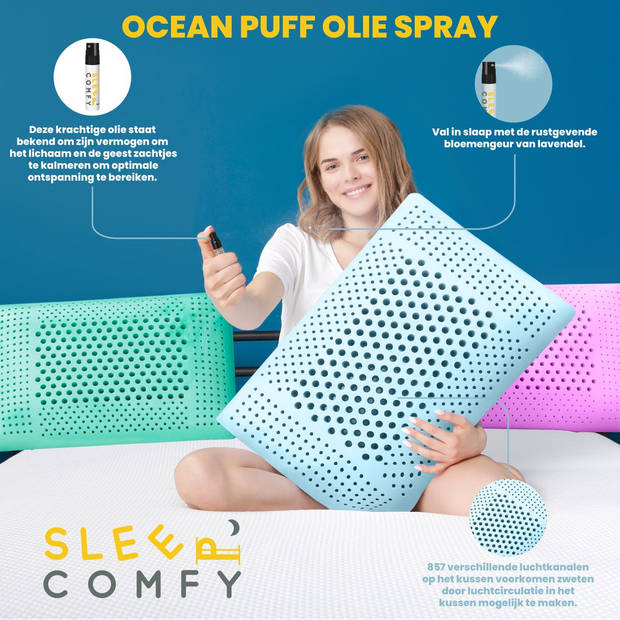 Sleep Comfy - Aromatherapie Serie Ocean Puff - Traagschuim Hoofdkussen - Met Ocean Puff Kussenspray 60x40x16 cm