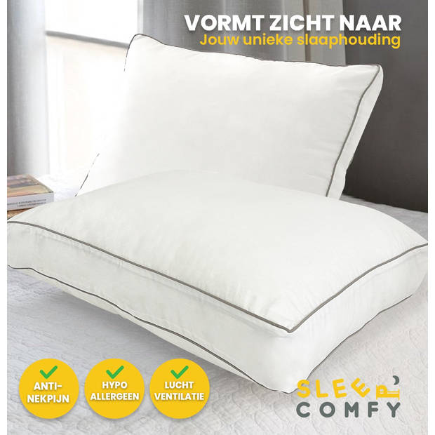 Sleep Comfy - Hoofdkussen - 2 stuks Hotelkwaliteit Katoen Boxkussens - Geschikt voor rug, zij-en buikslapers 50x60x10 cm