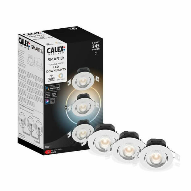 Calex Slimme Inbouwspots - Set van 3 stuks - Smart LED Downlight Dimbaar - Kantelbaar - Warm Wit Licht - Wit