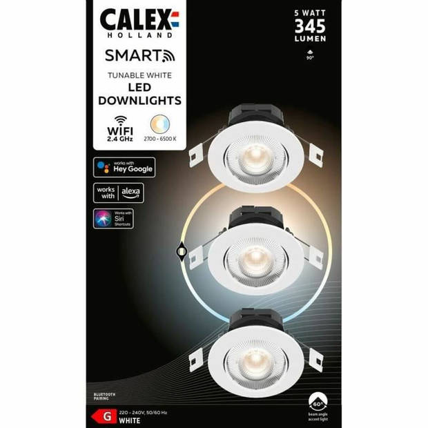 Calex Slimme Inbouwspots - Set van 3 stuks - Smart LED Downlight Dimbaar - Kantelbaar - Warm Wit Licht - Wit