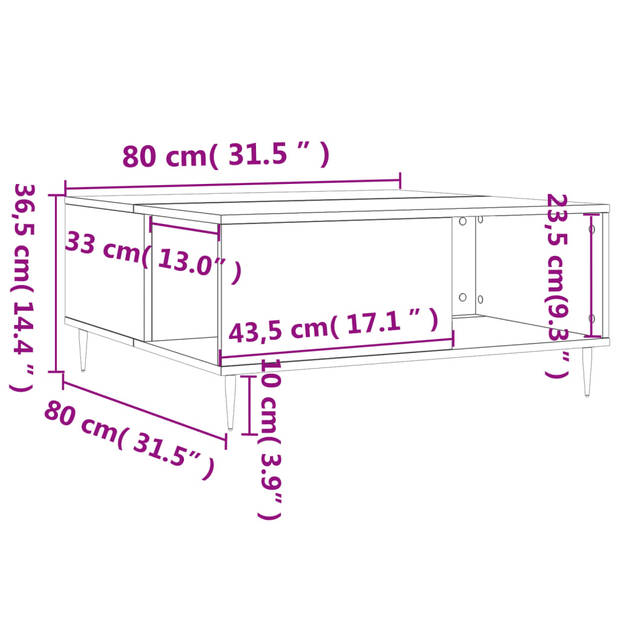 vidaXL Salontafel 80x80x36,5 cm bewerkt hout bruin eikenkleur