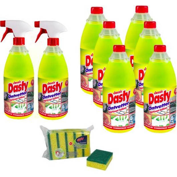 Dasty – Ontvetter Set – Spuitfles en Navulling – 8 stuks - inclusief Schoonmaakhandschoenen en Schuursponzen