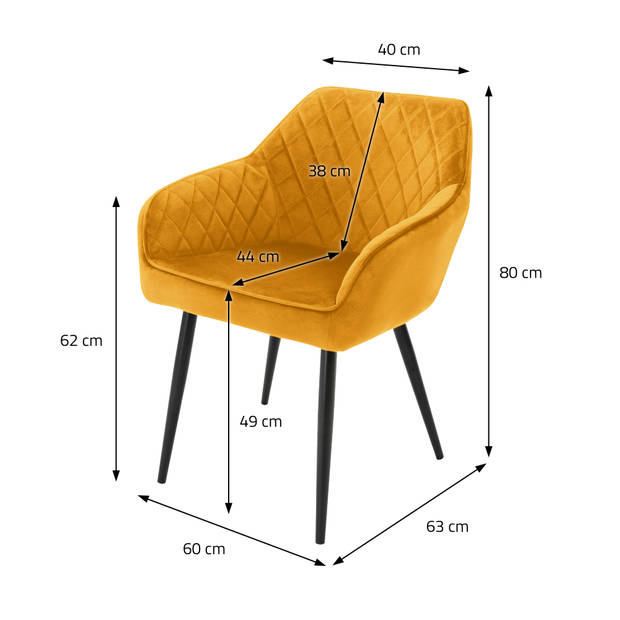 Eetkamerstoelen met rugleuning & armleuningen set van 2 mosterdgele fluwelen bekleding met metalen poten ML design