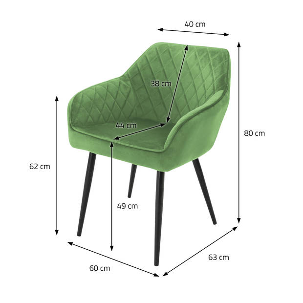 Eetkamerstoelen met Rugleuning & Armleuningen Set van 2 Groen Fluwelen Bekleding met Metalen Poten ML-Design