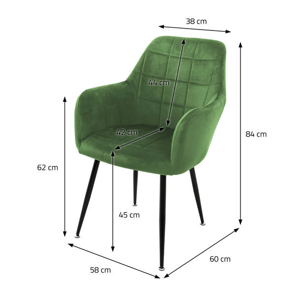 Eetkamerstoel set van 2 met rugleuning en armleuningen salie Keukenstoel met microvezel fluwelen hoes ML design