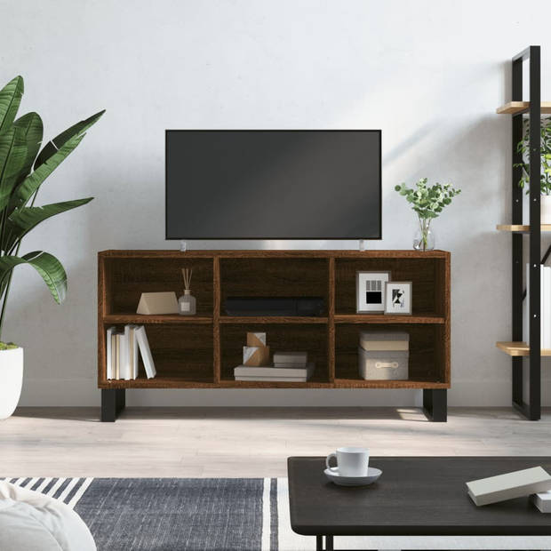 The Living Store TV-meubel - Tv-kast met 6 vakken - 103.5 x 30 x 50 cm - Bruin eiken - Bewerkt hout en ijzer