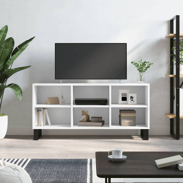 The Living Store TV-meubel 6 Vakken - 103.5 x 30 x 50 cm - Wit - Bewerkt Hout en IJzer