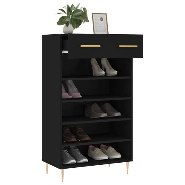 The Living Store Schoenenkast - Houten - Zwart - 60 x 35 x 105 cm - Met lade en 5 open vakken