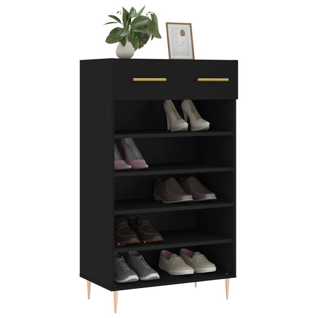 The Living Store Schoenenkast - Houten - Zwart - 60 x 35 x 105 cm - Met lade en 5 open vakken