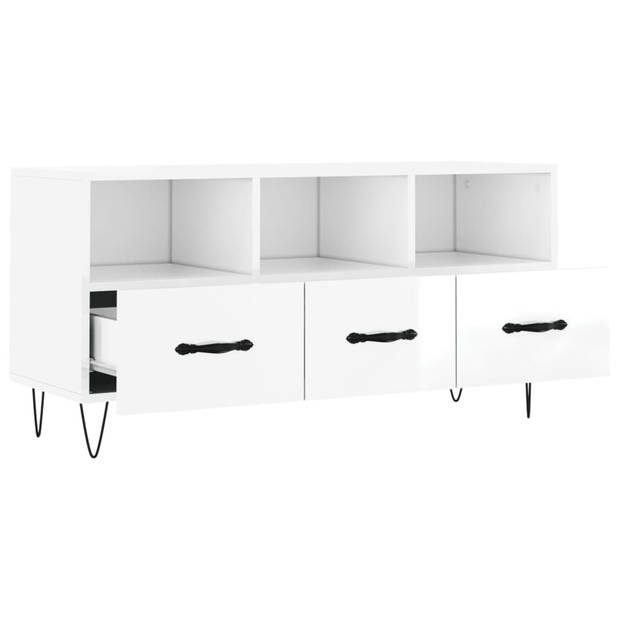 The Living Store Televisiekast Trendy - Hoogglans wit - 102 x 36 x 50 cm - 3 vakken en 3 lades - Bewerkt hout en ijzer