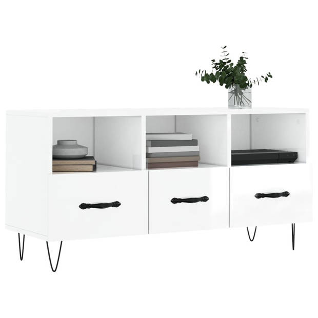 The Living Store Televisiekast Trendy - Hoogglans wit - 102 x 36 x 50 cm - 3 vakken en 3 lades - Bewerkt hout en ijzer