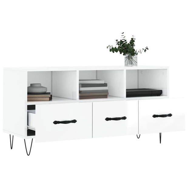 The Living Store Televisiekast Trendy - Hoogglans wit - 102 x 36 x 50 cm - 3 vakken en 3 lades - Bewerkt hout en ijzer