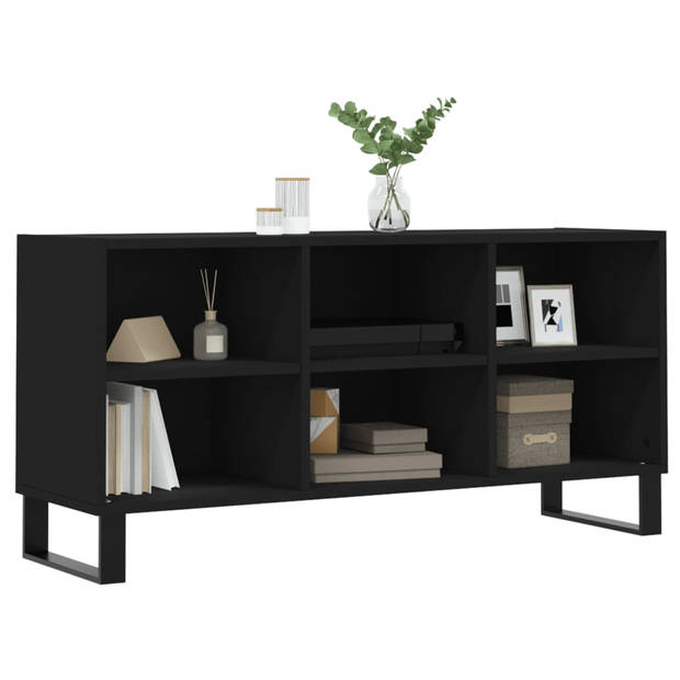 The Living Store TV-meubel Zwarte bewerkt houten tv-kast - 103.5 x 30 x 50 cm - met veel opbergruimte