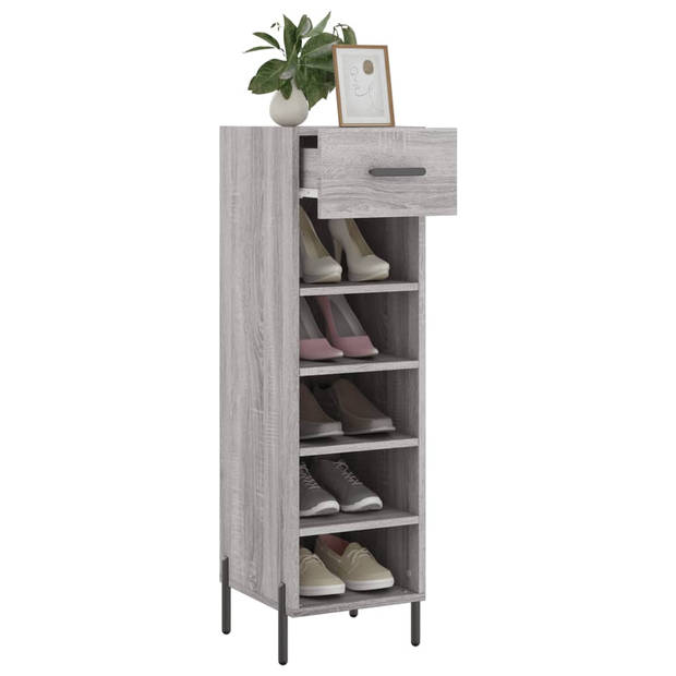 The Living Store Schoenenkast - Grijs Sonoma Eiken - 30 x 35 x 105 cm - Duurzaam Hout - 1 Lade - 5 Open Vakken