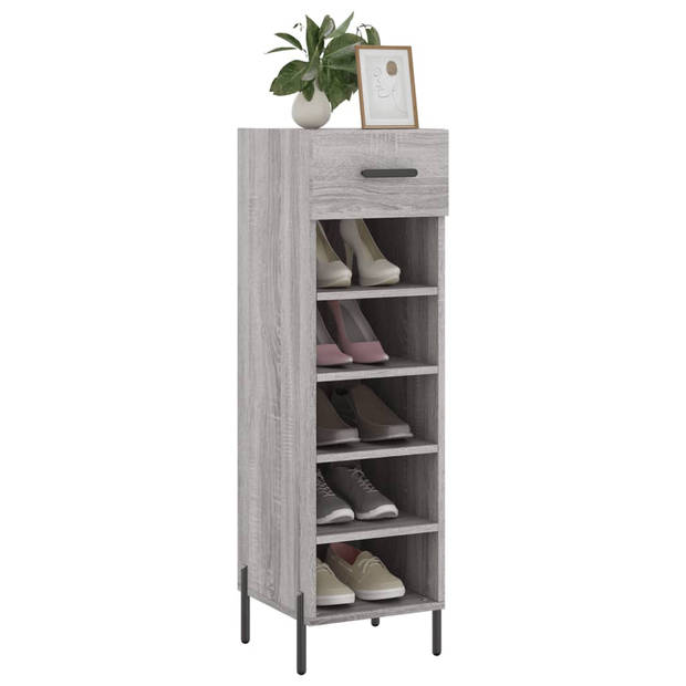 The Living Store Schoenenkast - Grijs Sonoma Eiken - 30 x 35 x 105 cm - Duurzaam Hout - 1 Lade - 5 Open Vakken