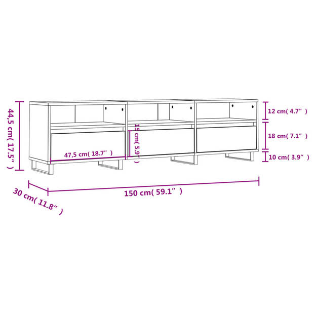 The Living Store TV-meubel - zwart - 150 x 30 x 44.5 cm - opbergruimte - bewerkt hout en ijzer