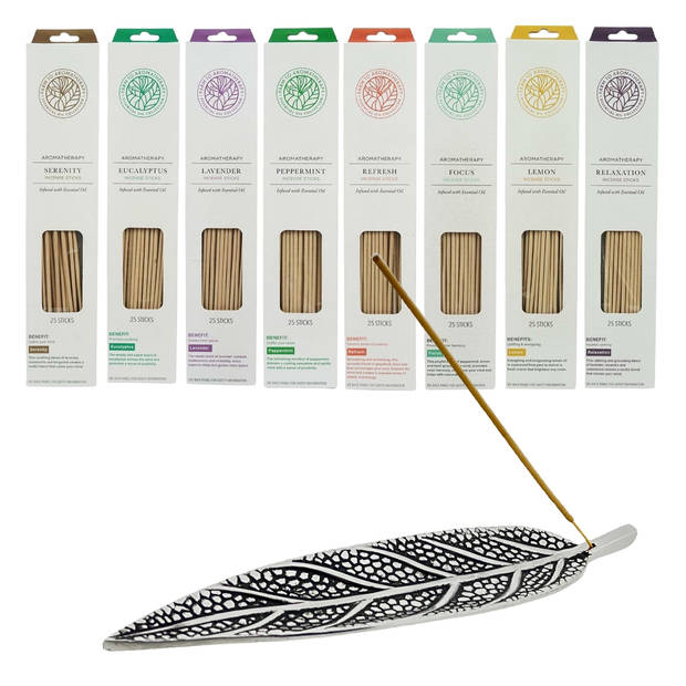 Assortiment 200 stuks etherische incense wierookstokjes 8 heerlijke geuren - 8 x 25 stuks - incl. wierookhouder