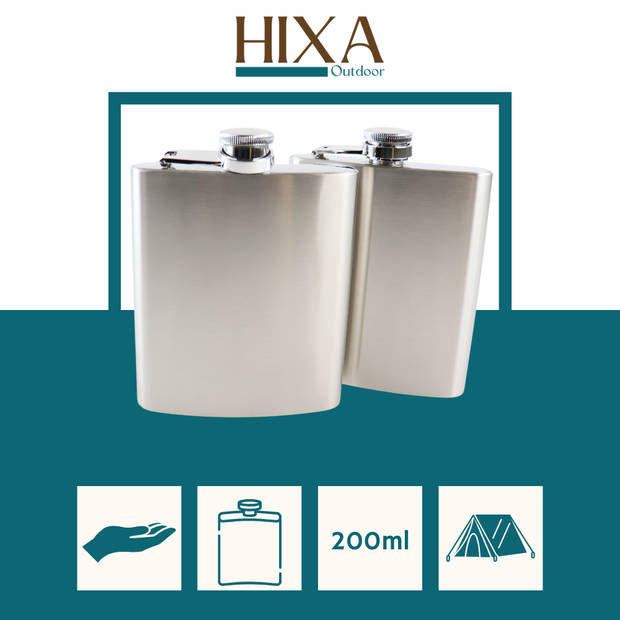 HIXA Heupfles - 2 Stuks - Flacon - Veldfles - RVS - Drinkfles - Platvink - 200ml - Zilver