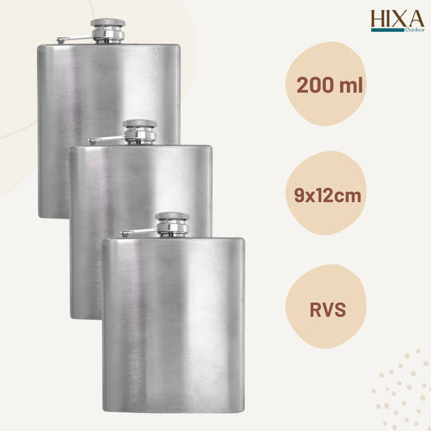 HIXA Heupfles - RVS - 200 ml - 3 Stuks - Platvink - Zakflacon - Drankflacon - Zilver