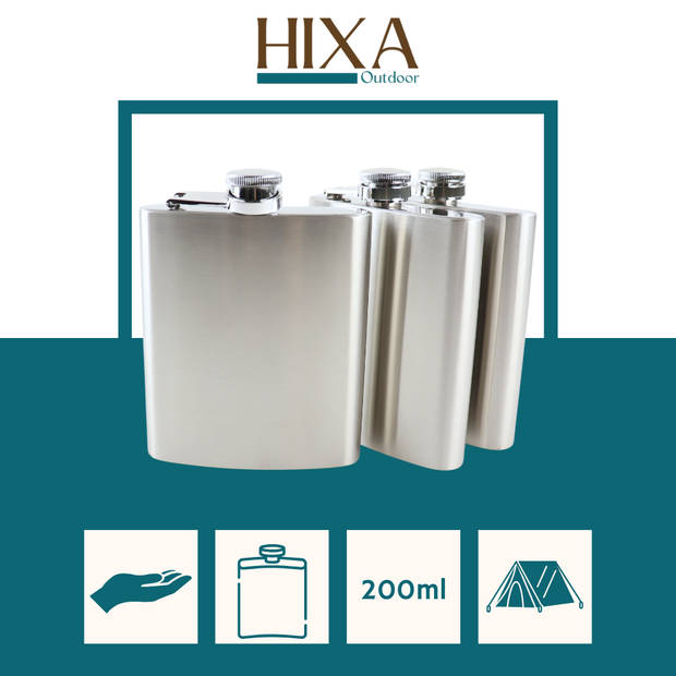 HIXA Heupfles - 3 Stuks - Flacon - Veldfles - RVS - Drinkfles - Platvink - 200ml - Zilver