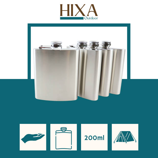 HIXA Heupfles - 4 Stuks - Flacon - Veldfles - RVS - Drinkfles - Platvink - 200ml - Zilver