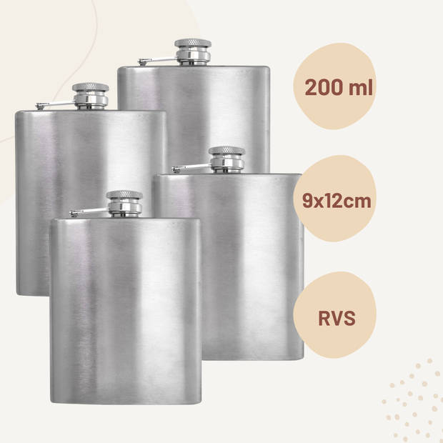 HIXA Heupfles - RVS - 200 ml - 4 Stuks - Platvink - Zakflacon - Drankflacon - Zilver