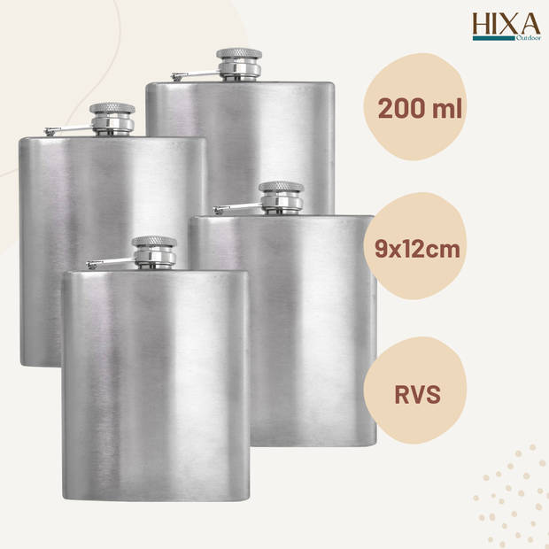 HIXA Heupfles - RVS - 200 ml - 4 Stuks - Platvink - Zakflacon - Drankflacon - Zilver