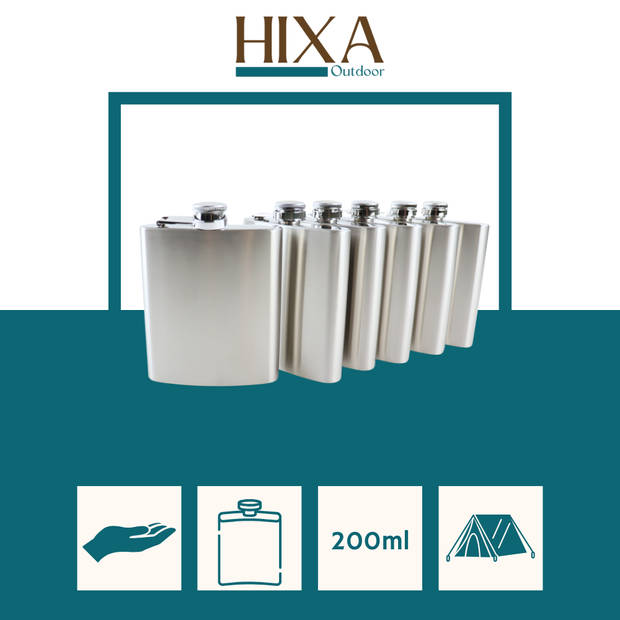 HIXA Heupfles - 6 Stuks - Flacon - Veldfles - RVS - Drinkfles - Platvink - 200ml - Zilver