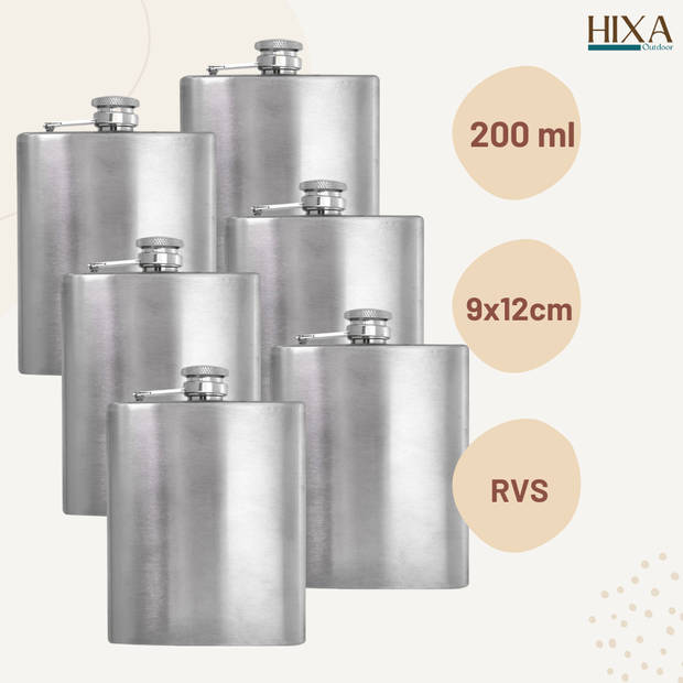 HIXA Heupfles - RVS - 200 ml - 6 Stuks - Platvink - Zakflacon - Drankflacon - Zilver