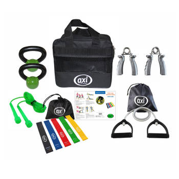AXI Fitness Bag Tas met Weerstandsbanden / Weerstandskabel / Handtrainer / Kettlebells & Springtouw
