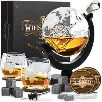 Whisiskey Whiskey Karaf - Wereldbol - Luxe Whisky Karaf Set - 0,9 L - Decanteer karaf - Whiskey Set