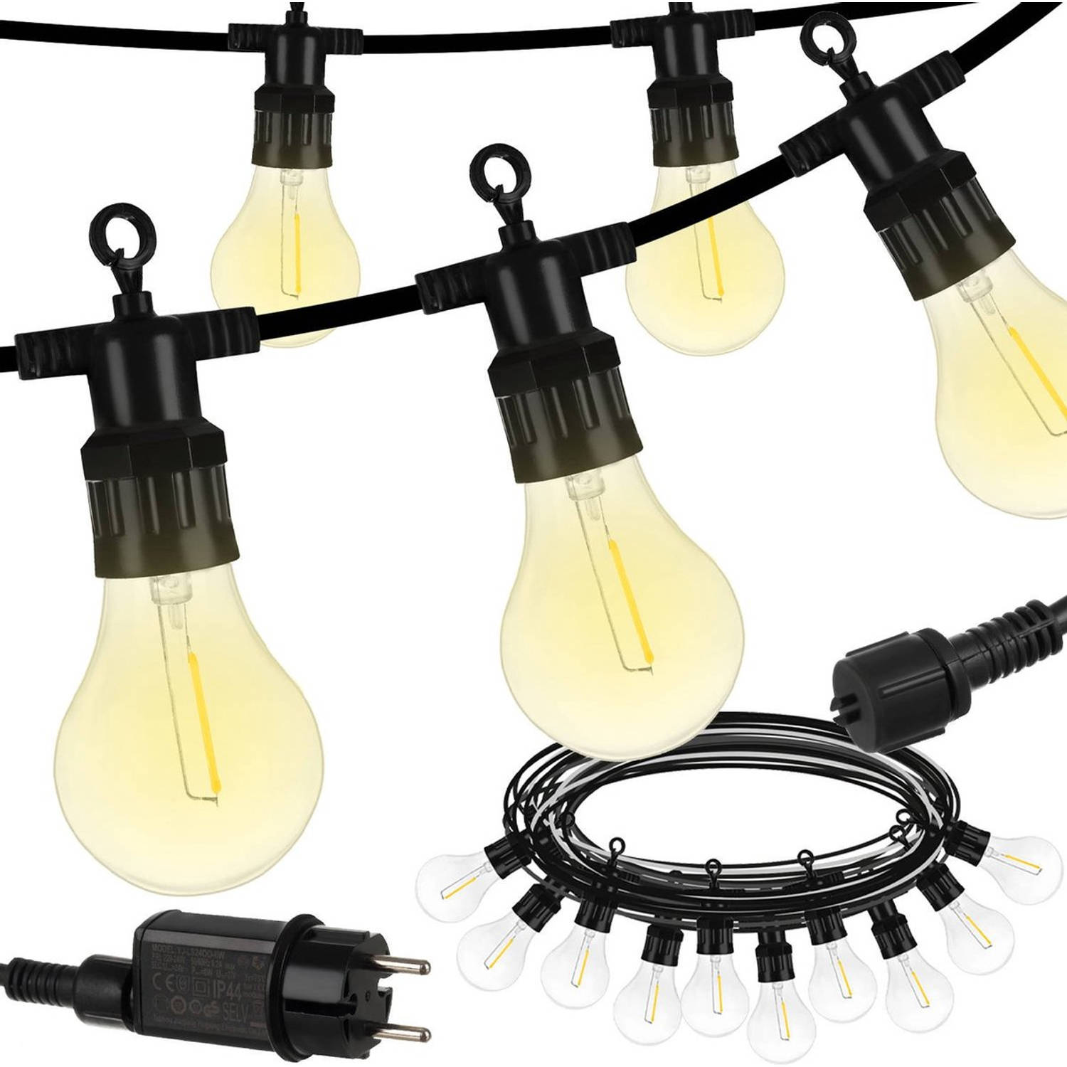 Lichtsnoer - Tuinverlichting - Lichtslinger - 5M - Waterdicht - E27 Fittingen - Prikkabel - Warm Wit - Incl. 10 LED Lampen - Voor Binnen En Buiten