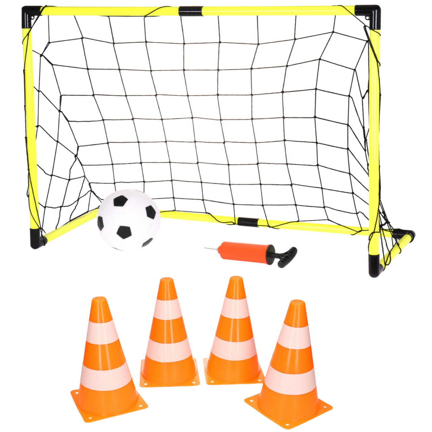 Voetbalgoal-voetbaldoel met bal en pomp incl. 4x oranje-witte pionnen Voetbaldoel