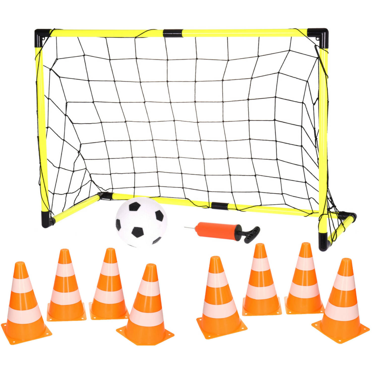 Voetbalgoal-voetbaldoel met bal en pomp incl. 8x oranje-witte pionnen Voetbaldoel