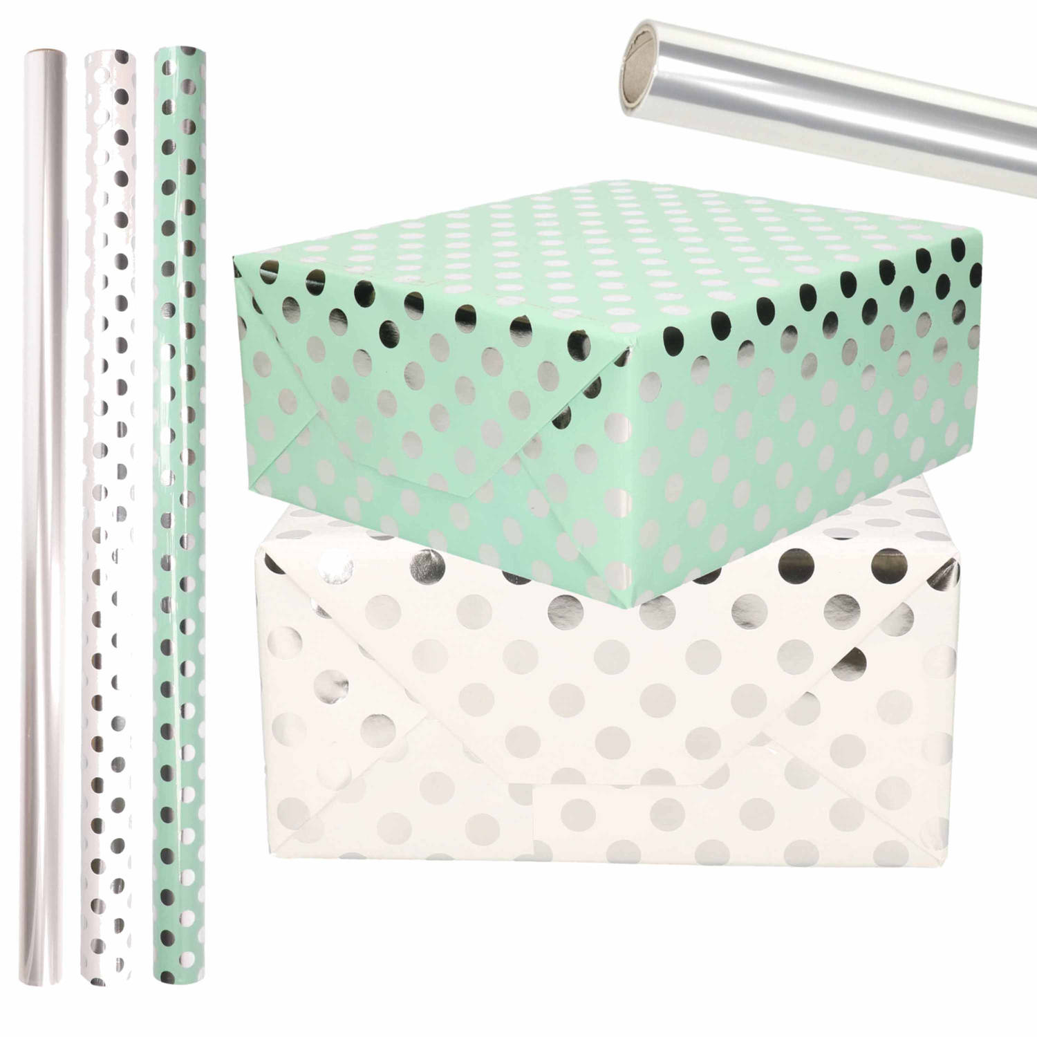 6x Rollen transparante-folie luxe inpakpapier zilveren stippen pakket mintgroen-wit 200 x 70 cm Cade