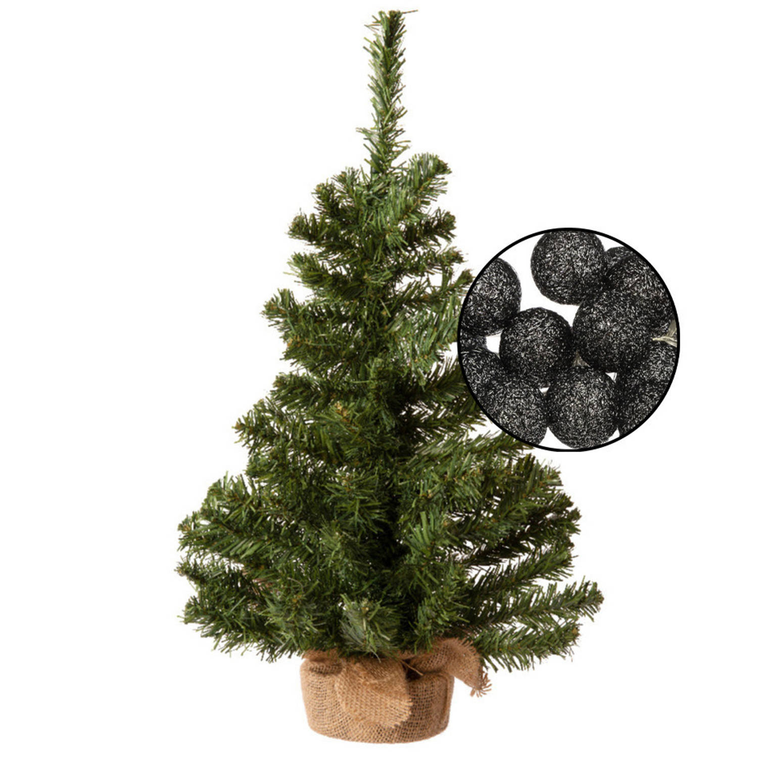 Mini kerstboompje groen met verlichte bollen lichtsnoer zwart H60 cm Kunstkerstboom
