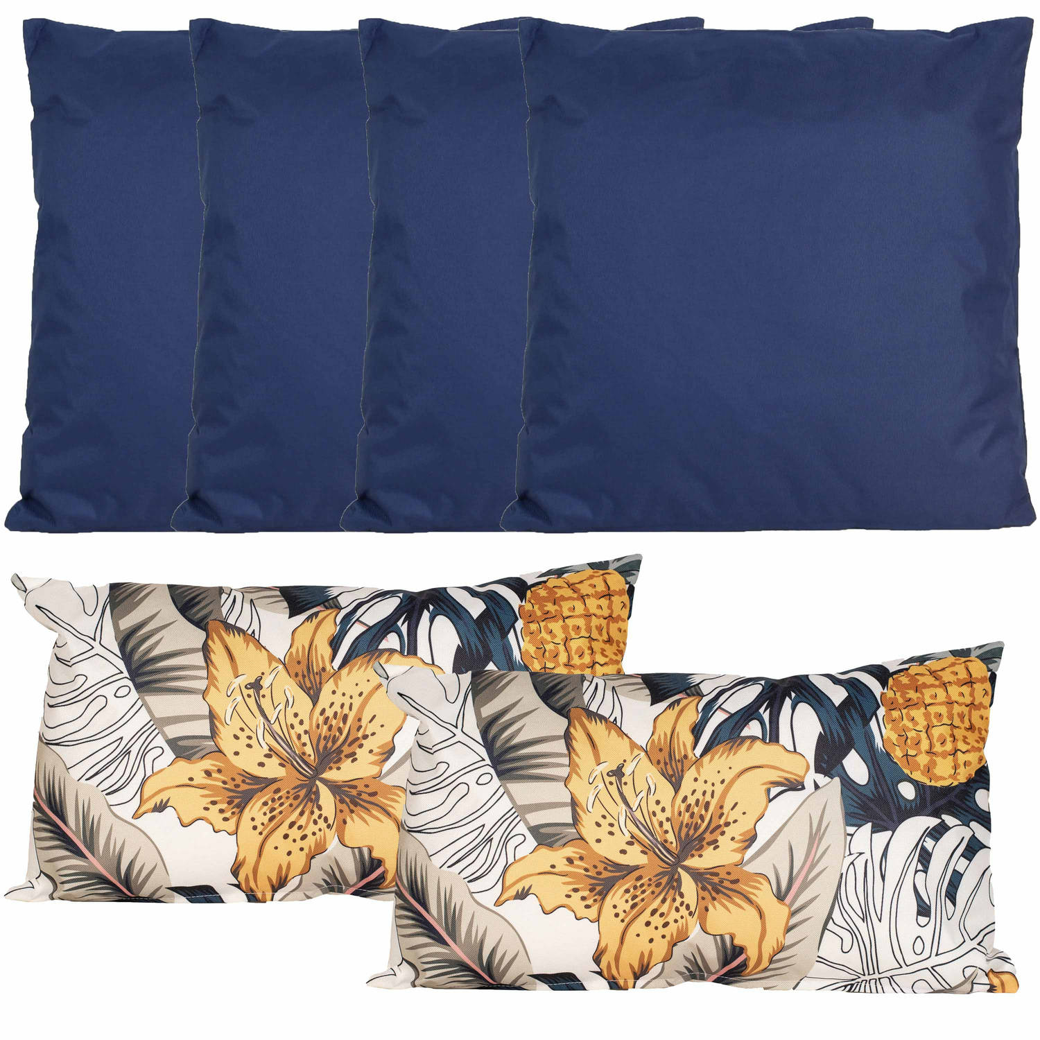 Bank-tuin kussens set binnen-buiten 6x stuks blauw-tropical summer print In 2 formaten Sierkussens