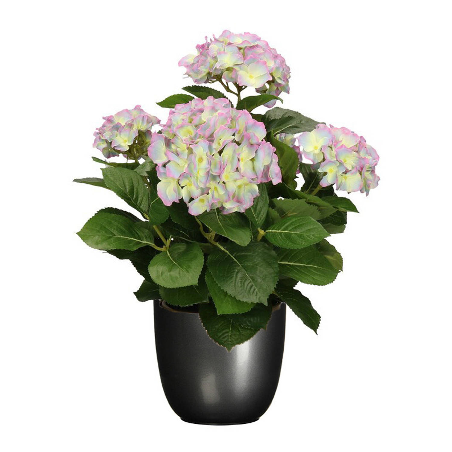 Hortensia kunstplant-kunstbloemen 45 cm paars-groen in pot titanium grijs glans Kunstplanten