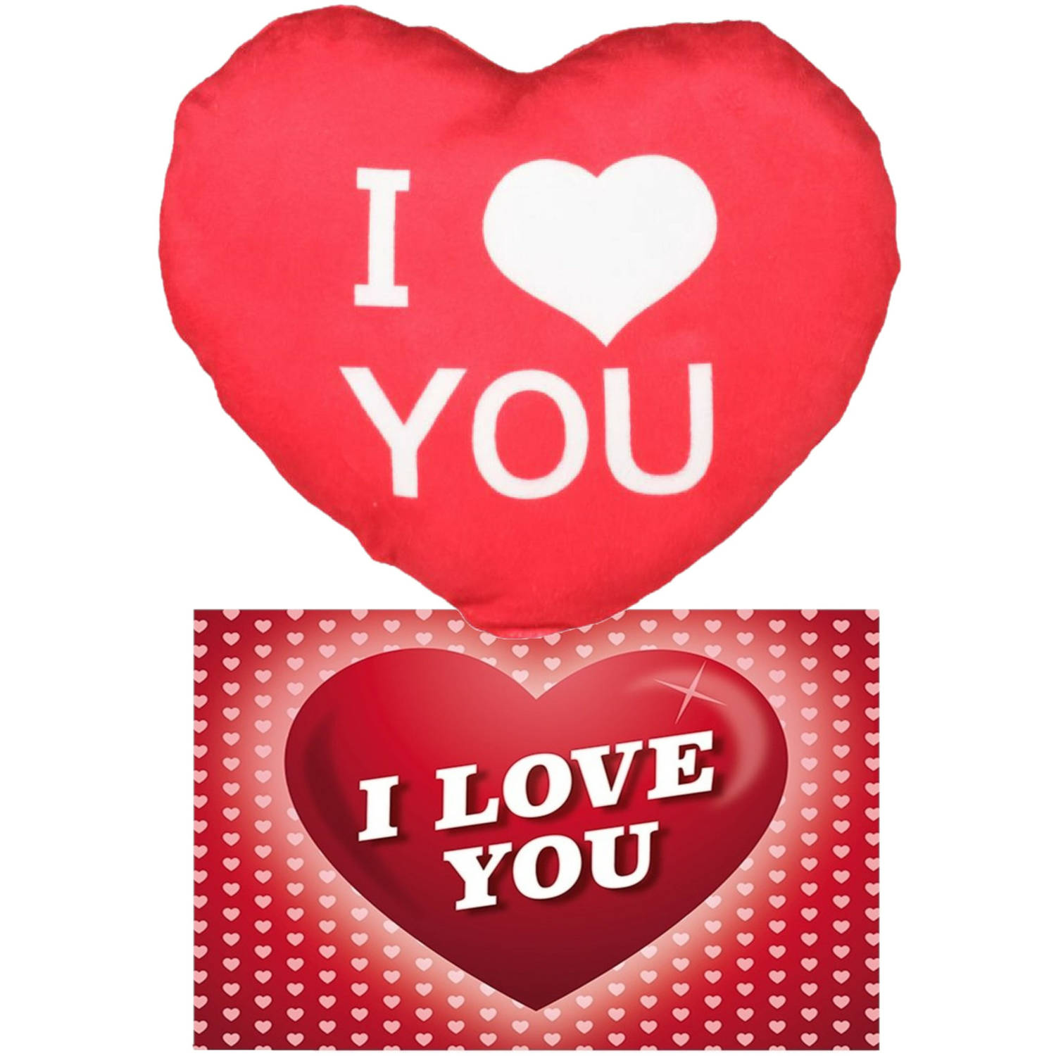 I Love You Set Hartjes kussen met ansichtkaart Rood 25 cm Sierkussens