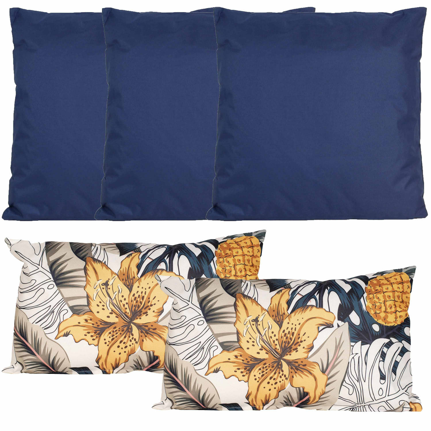 Bank-tuin kussens set binnen-buiten 5x stuks blauw-tropical summer print In 2 formaten Sierkussens