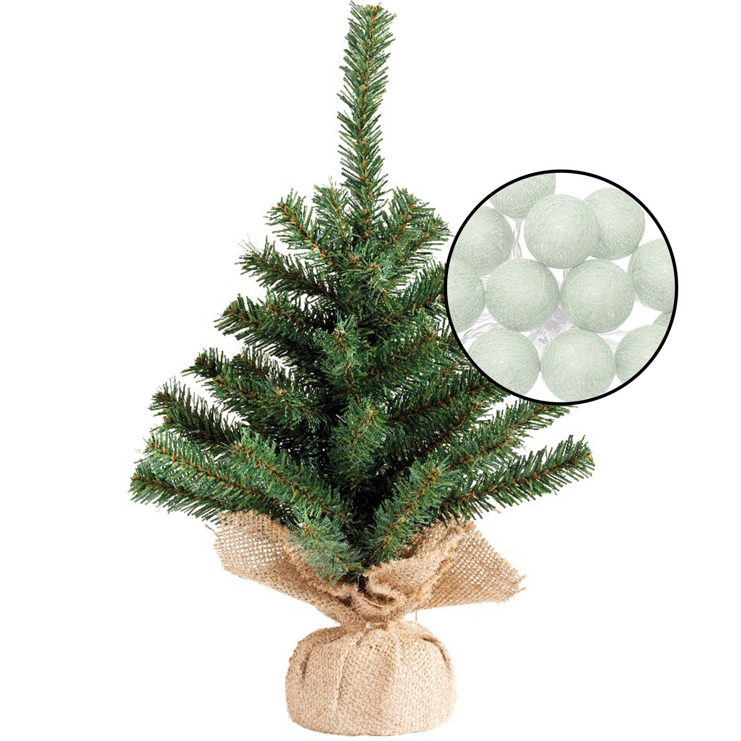 Mini kerstboom groen met verlichting bollen lichtgroen H45 cm Kunstkerstboom