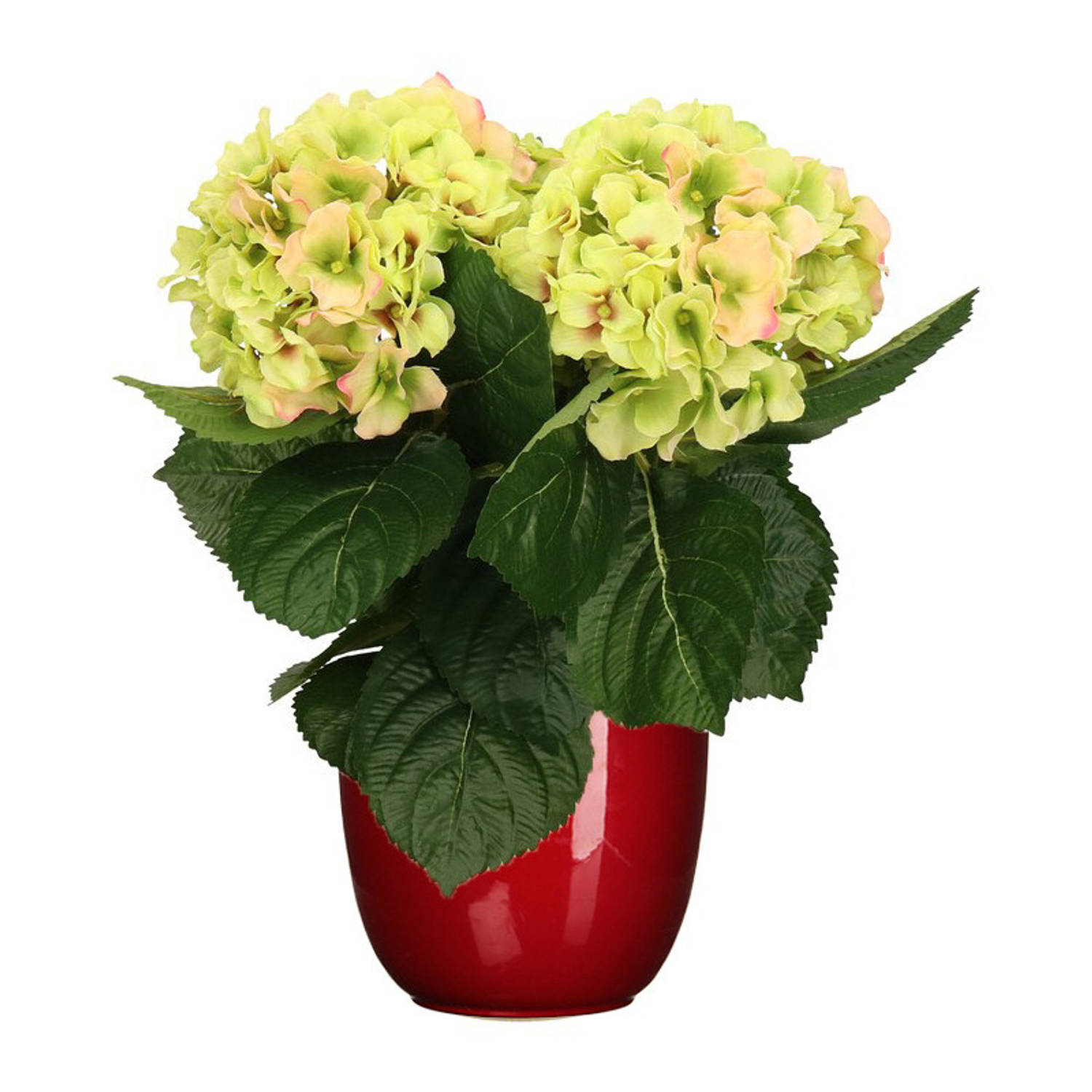 Hortensia kunstplant-kunstbloemen 36 cm groen-roze in pot rood glans Kunstplanten