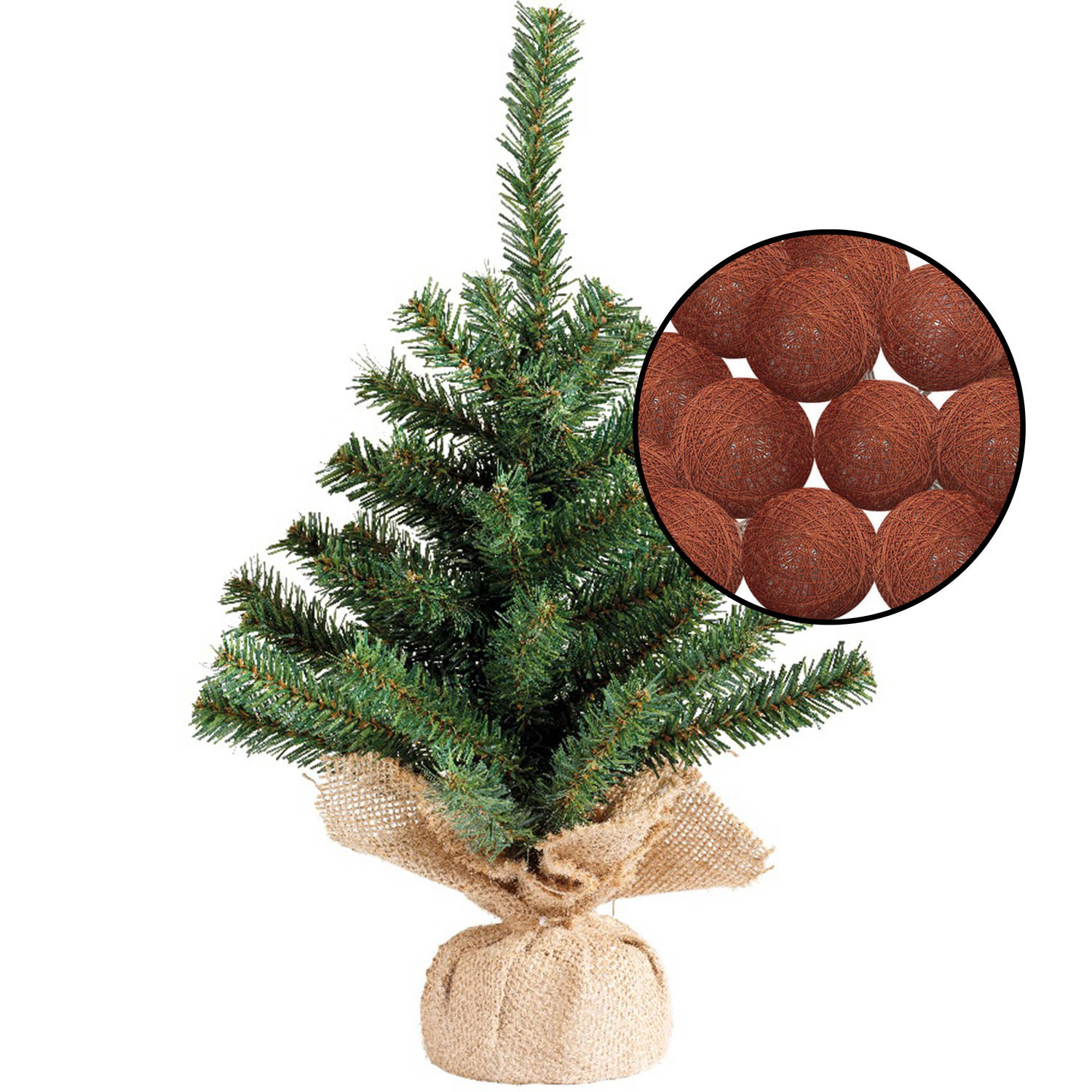 Mini kerstboompje groen met lichtsnoer bollen terracotta bruin H45 cm Kunstkerstboom