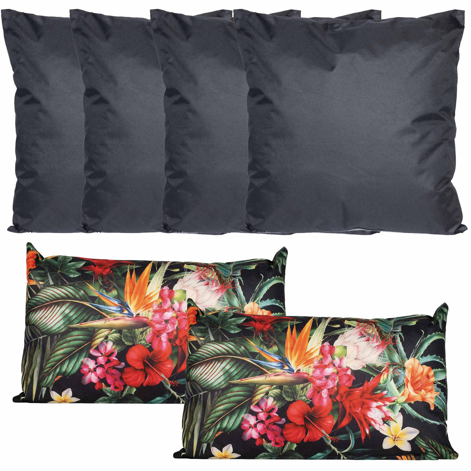 Bank-tuin kussens set binnen-buiten 6x stuks zwart-tropical summer print In 2 formaten Sierkussens
