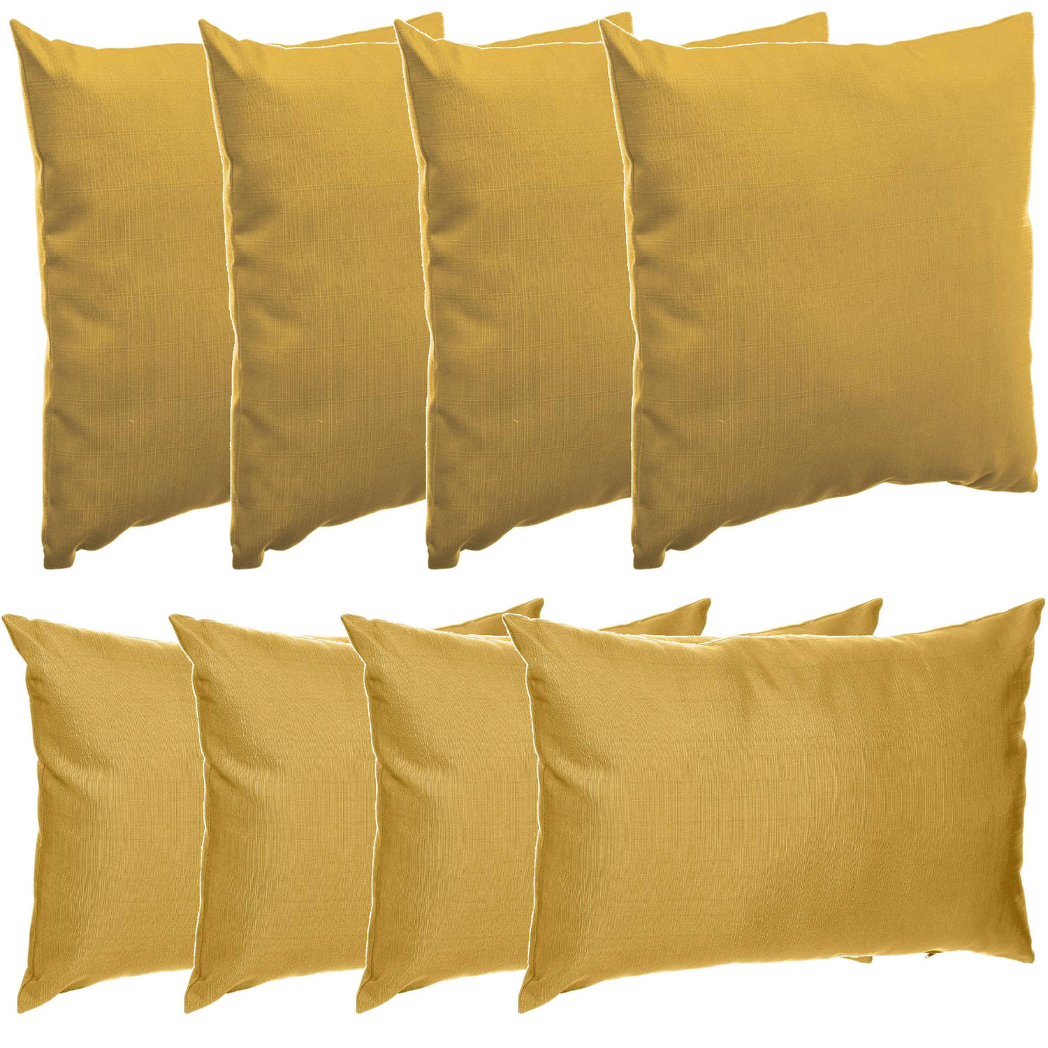 Bank-sier-tuin kussens voor binnen-buiten set 8x stuks mosterd geel 40 x 40 cm en 30 x 50 cm Sierkus