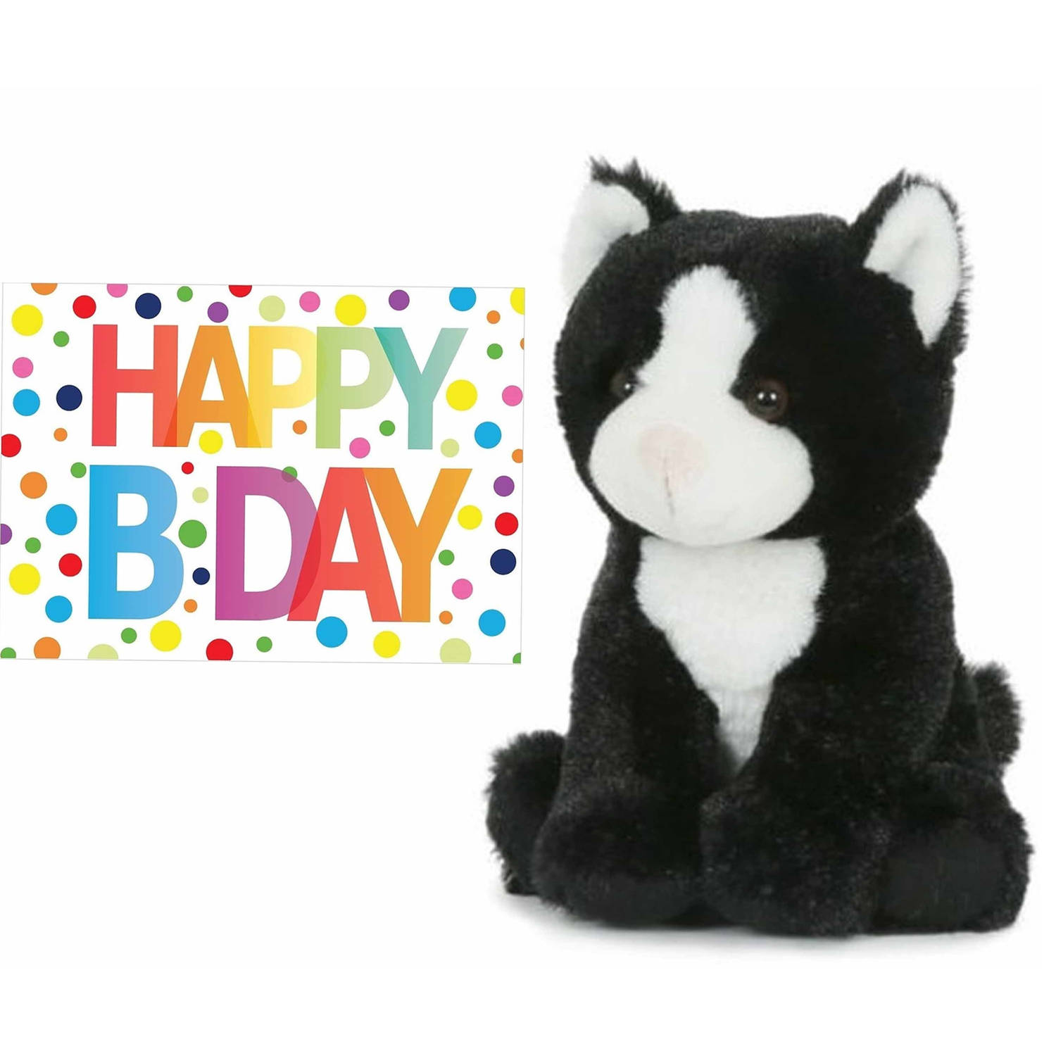Pluche knuffel kat-poes zwart-wit 18 cm met A5-size Happy Birthday wenskaart Knuffel huisdieren