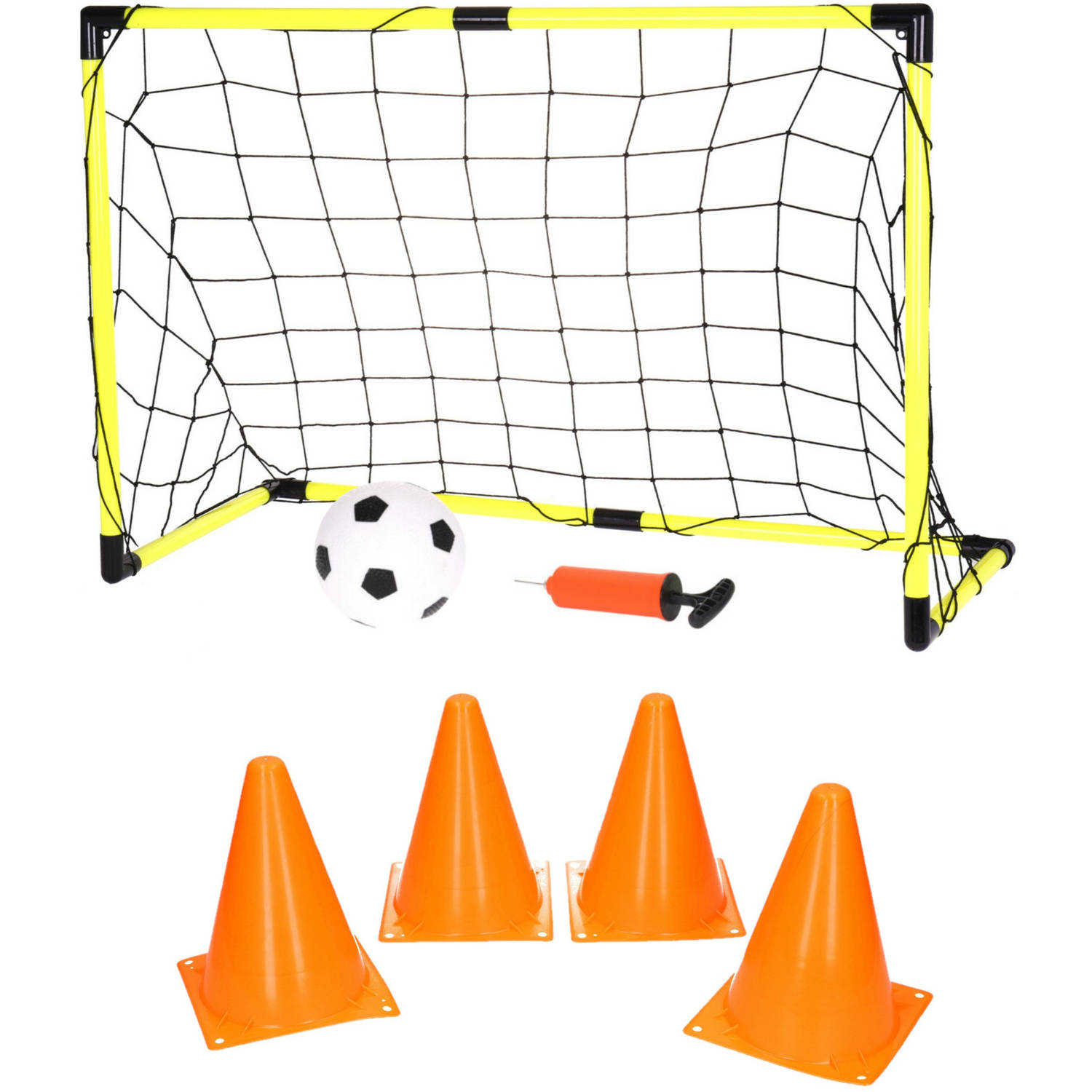 Voetbalgoal-voetbaldoel met bal en pomp incl. 4x oranje pionnen 17 cm Voetbaldoel