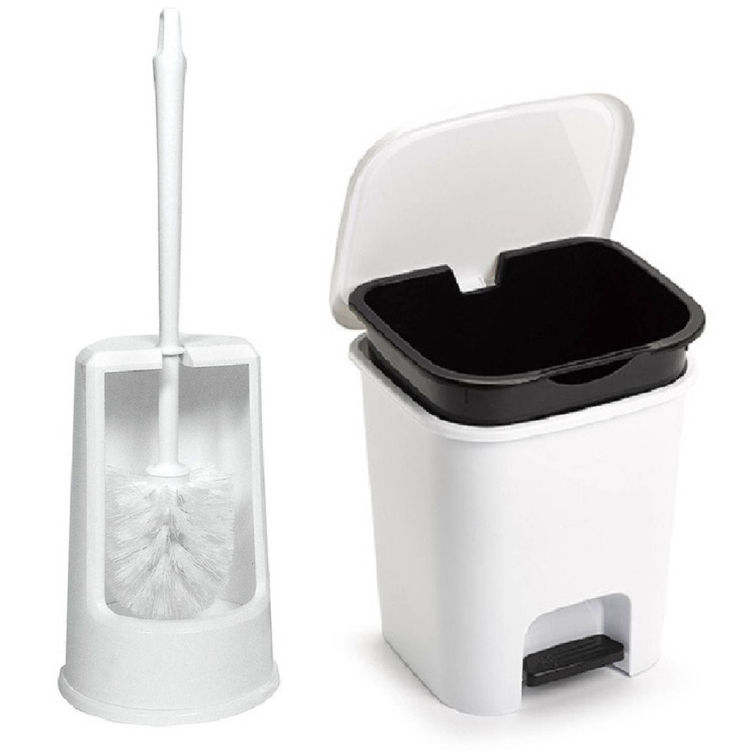 Badkamer-toilet accessoires WC-borstel en pedaalemmer 7.5L kunststof wit Toiletaccessoireset