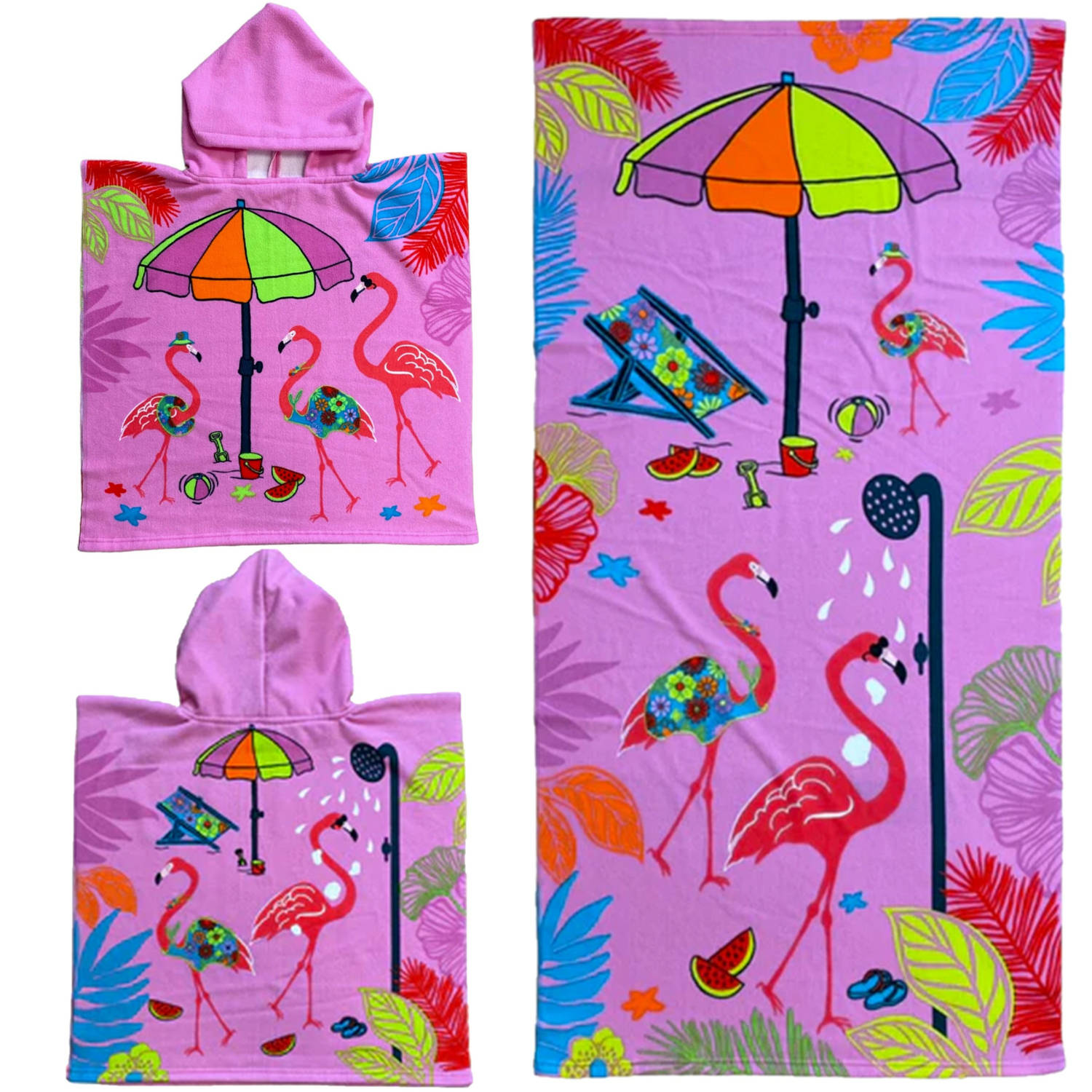 Set van bad cape-poncho met strand-badlaken voor kinderen flamingo print microvezel Badcapes